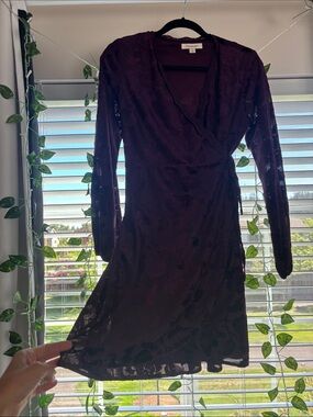 Black Floral Lace Long Sleeve Wrap Dress